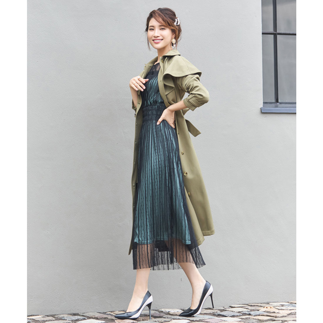 ドレスプラス DRESS+ トレンチコート ロングコート ケープ 膝下丈 2way