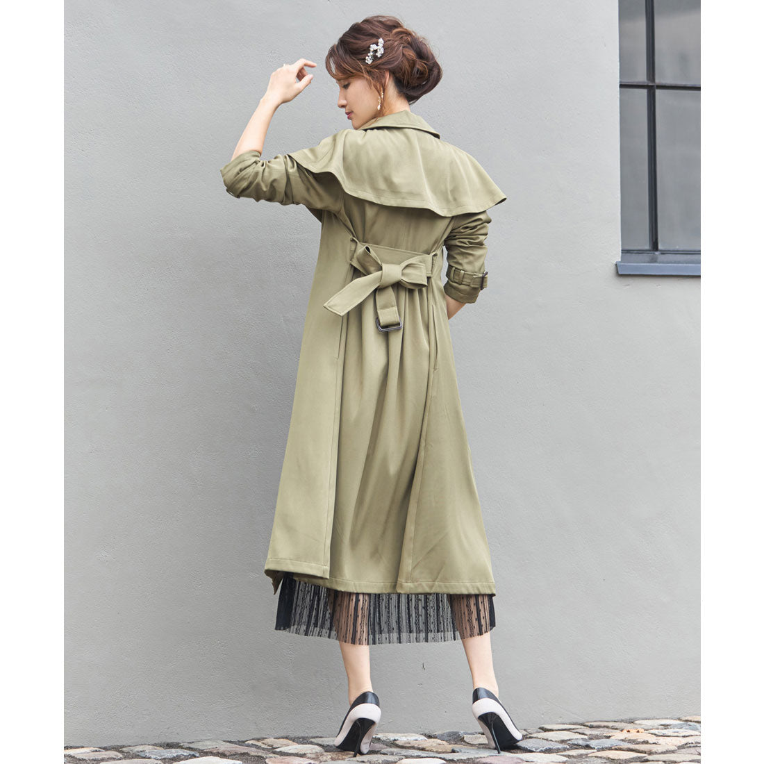 ドレスプラス DRESS+ トレンチコート ロングコート ケープ 膝下丈 2way