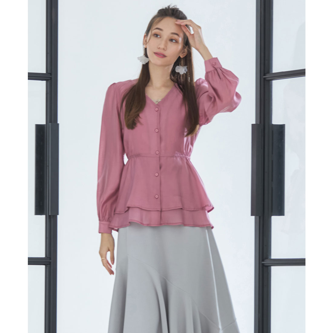 DRESS+ Blouse Long Sleeve Sheer V-neck Peplum