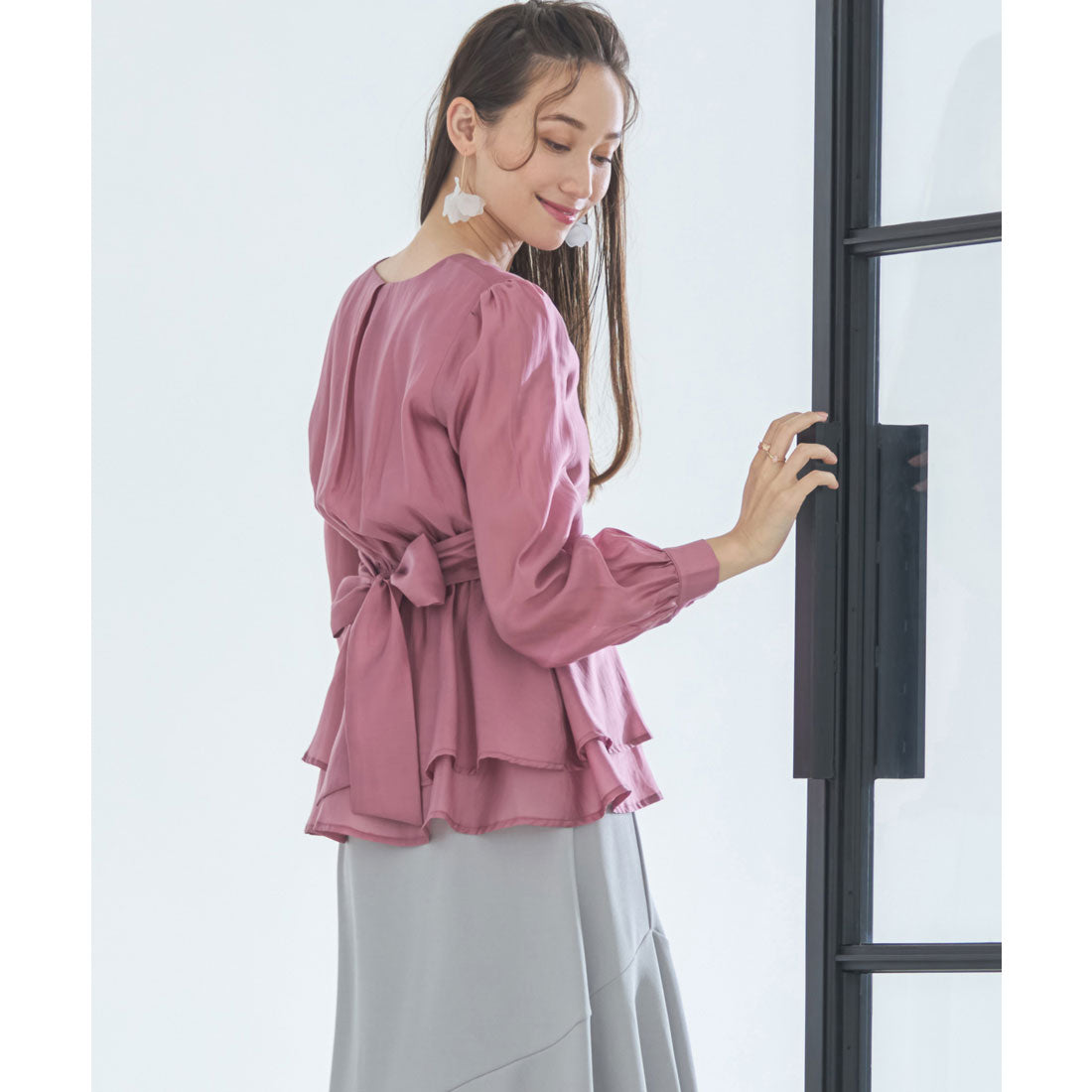 DRESS+ Blouse Long Sleeve Sheer V-neck Peplum