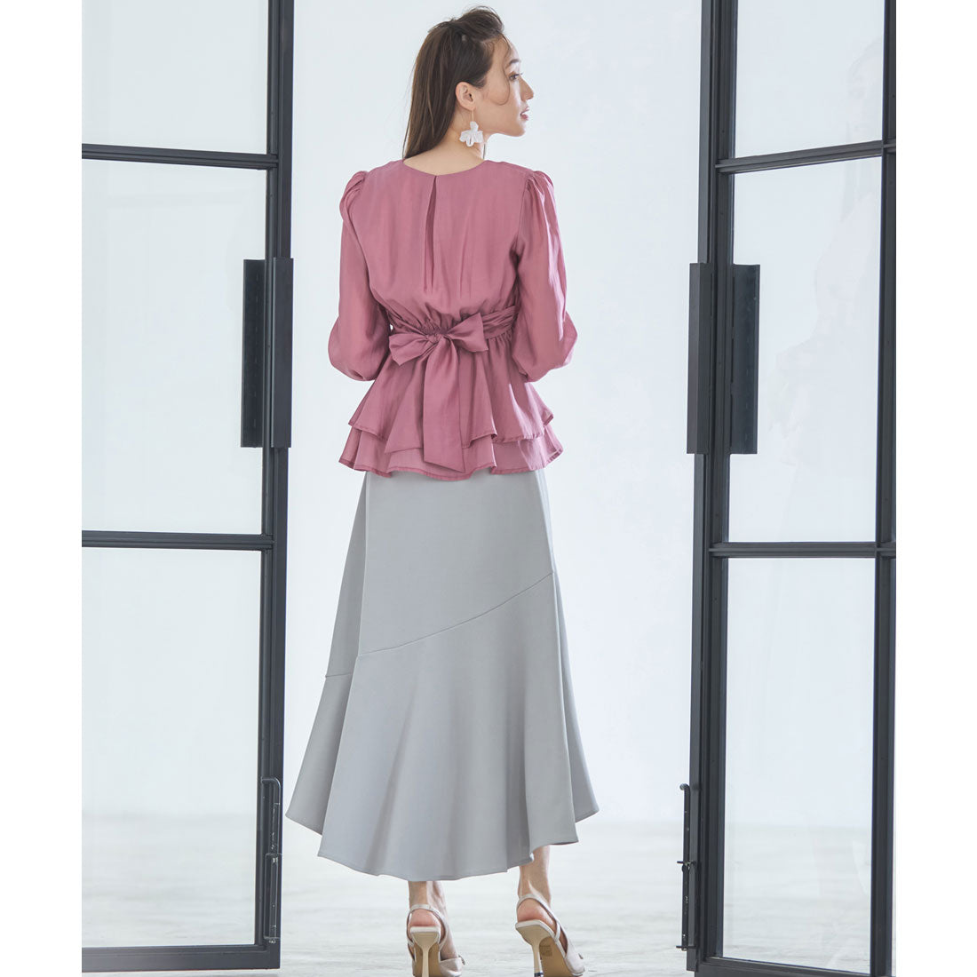 DRESS+ Blouse Long Sleeve Sheer V-neck Peplum