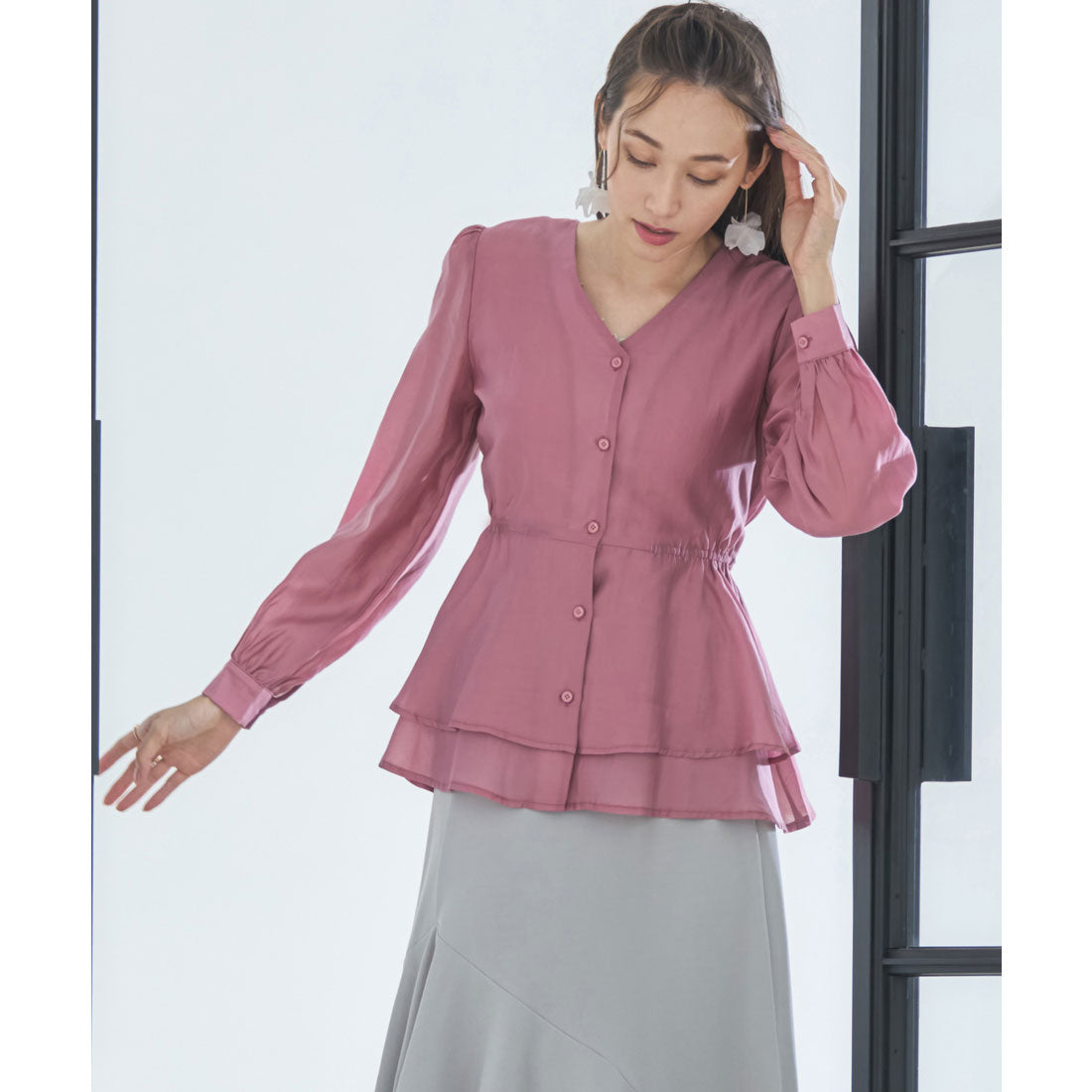 DRESS+ Blouse Long Sleeve Sheer V-neck Peplum