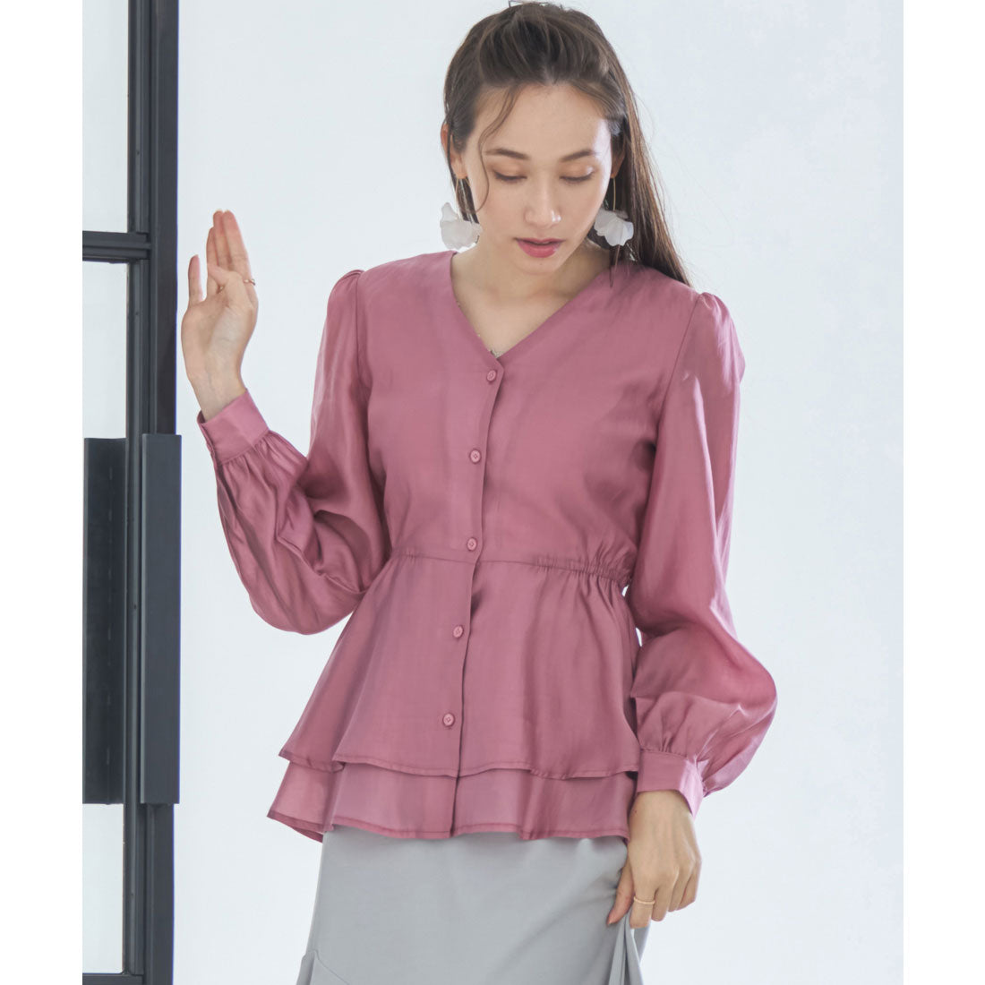 DRESS+ Blouse Long Sleeve Sheer V-neck Peplum