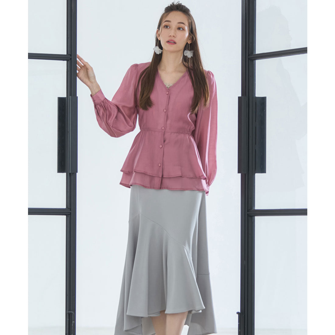 DRESS+ Blouse Long Sleeve Sheer V-neck Peplum