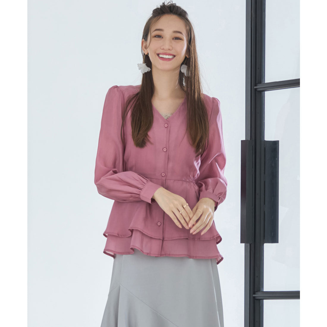 DRESS+ Blouse Long Sleeve Sheer V-neck Peplum