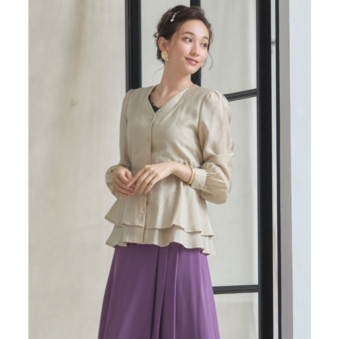 DRESS+ Blouse Long Sleeve Sheer V-neck Peplum