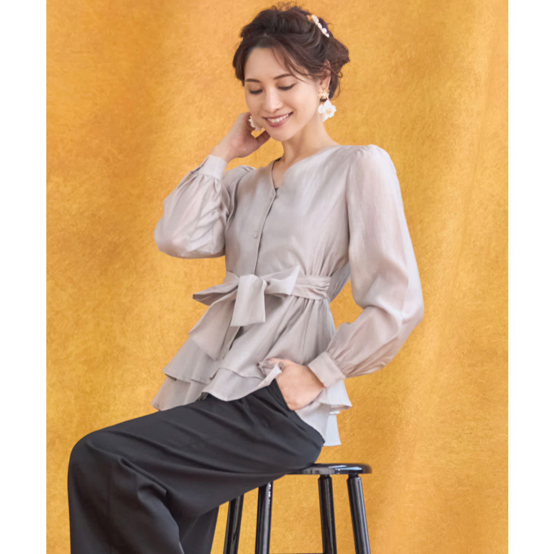 DRESS+ Blouse Long Sleeve Sheer V-neck Peplum