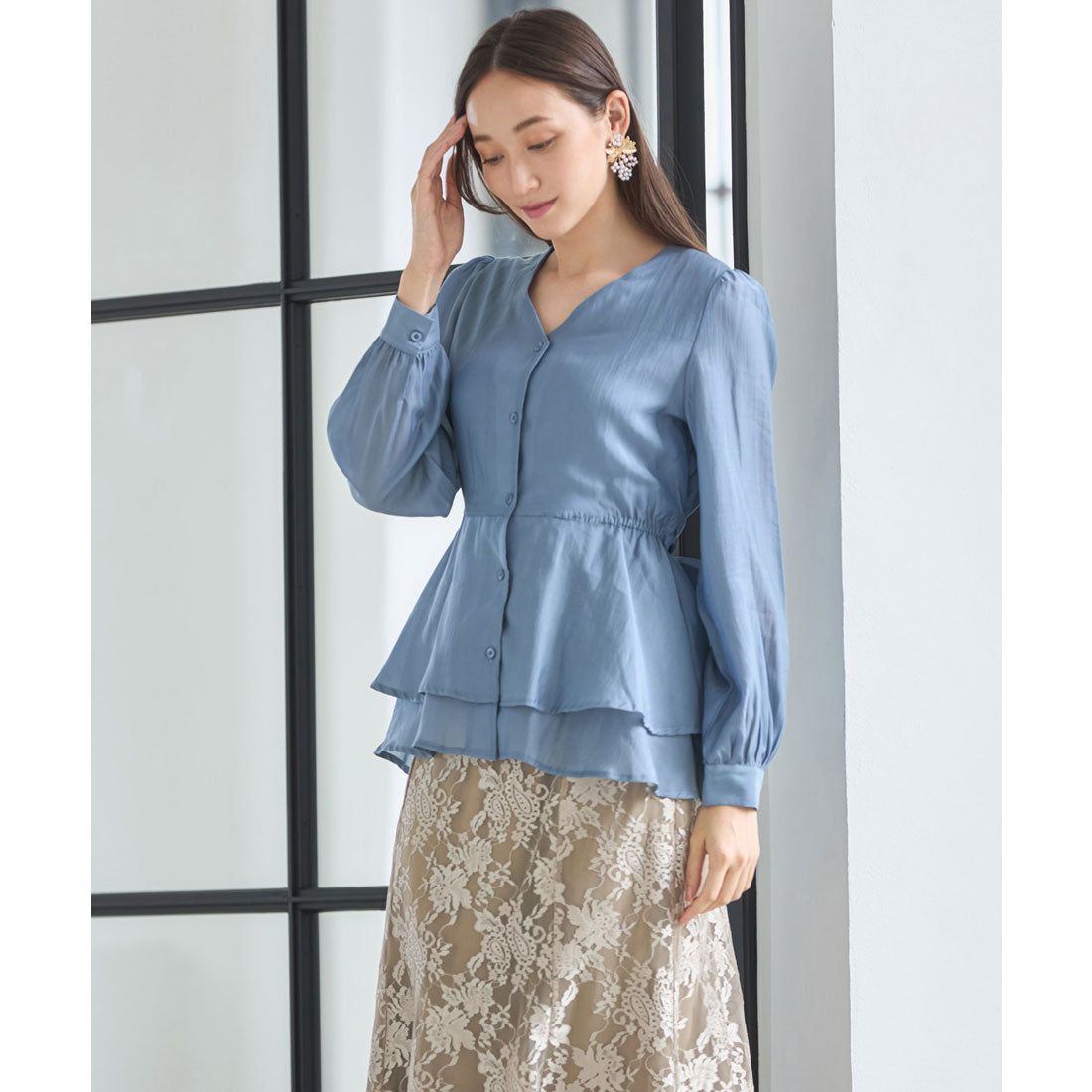DRESS+ Blouse Long Sleeve Sheer V-neck Peplum