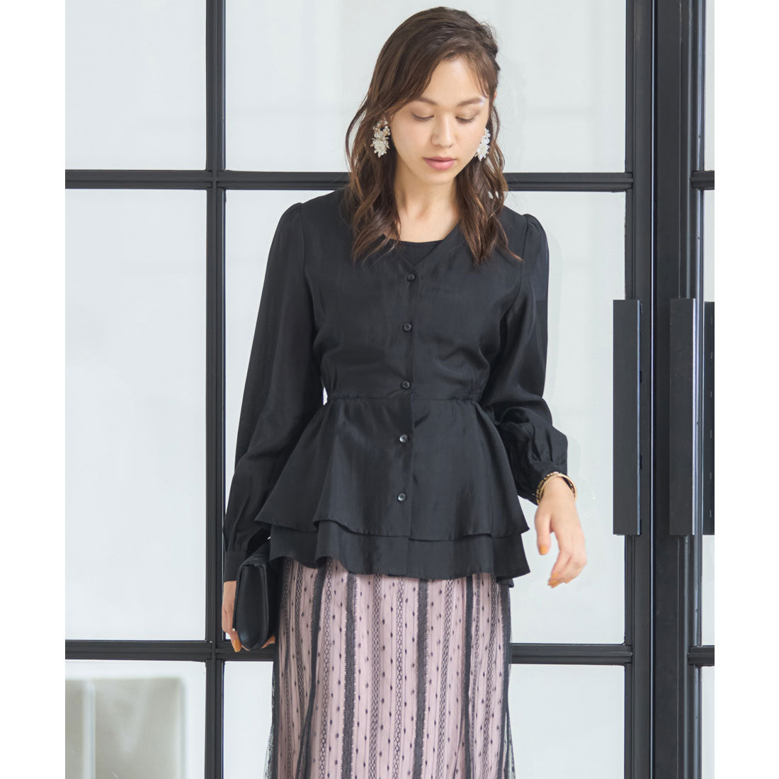 DRESS+ Blouse Long Sleeve Sheer V-neck Peplum