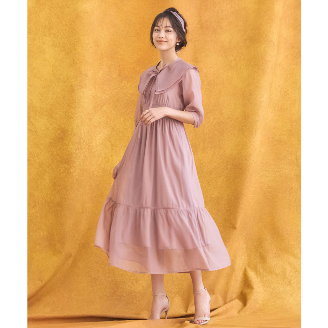 DRESS+ One-piece dress in sheer material with cape, mid-calf length
