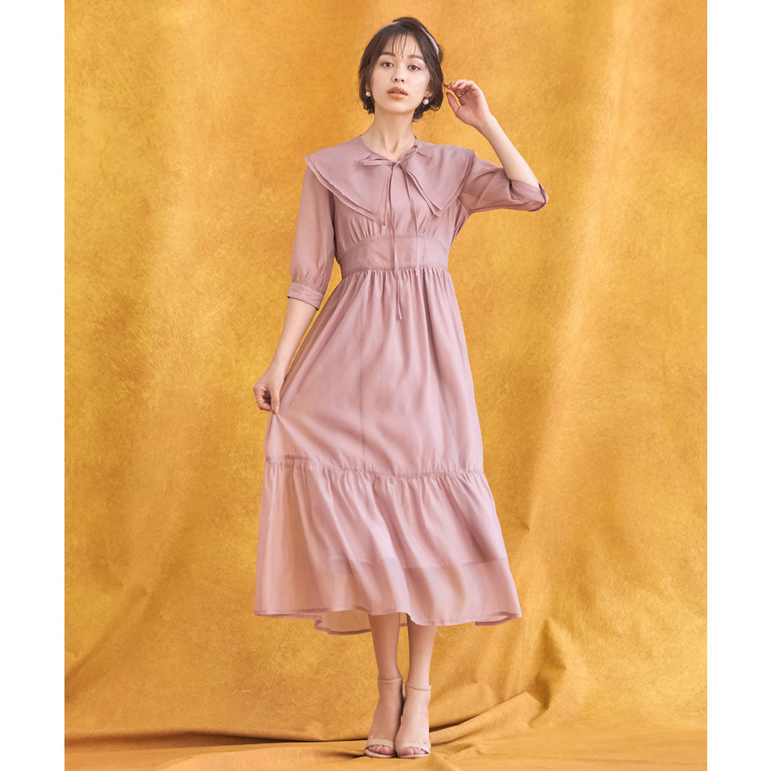 DRESS+ One-piece dress in sheer material with cape, mid-calf length