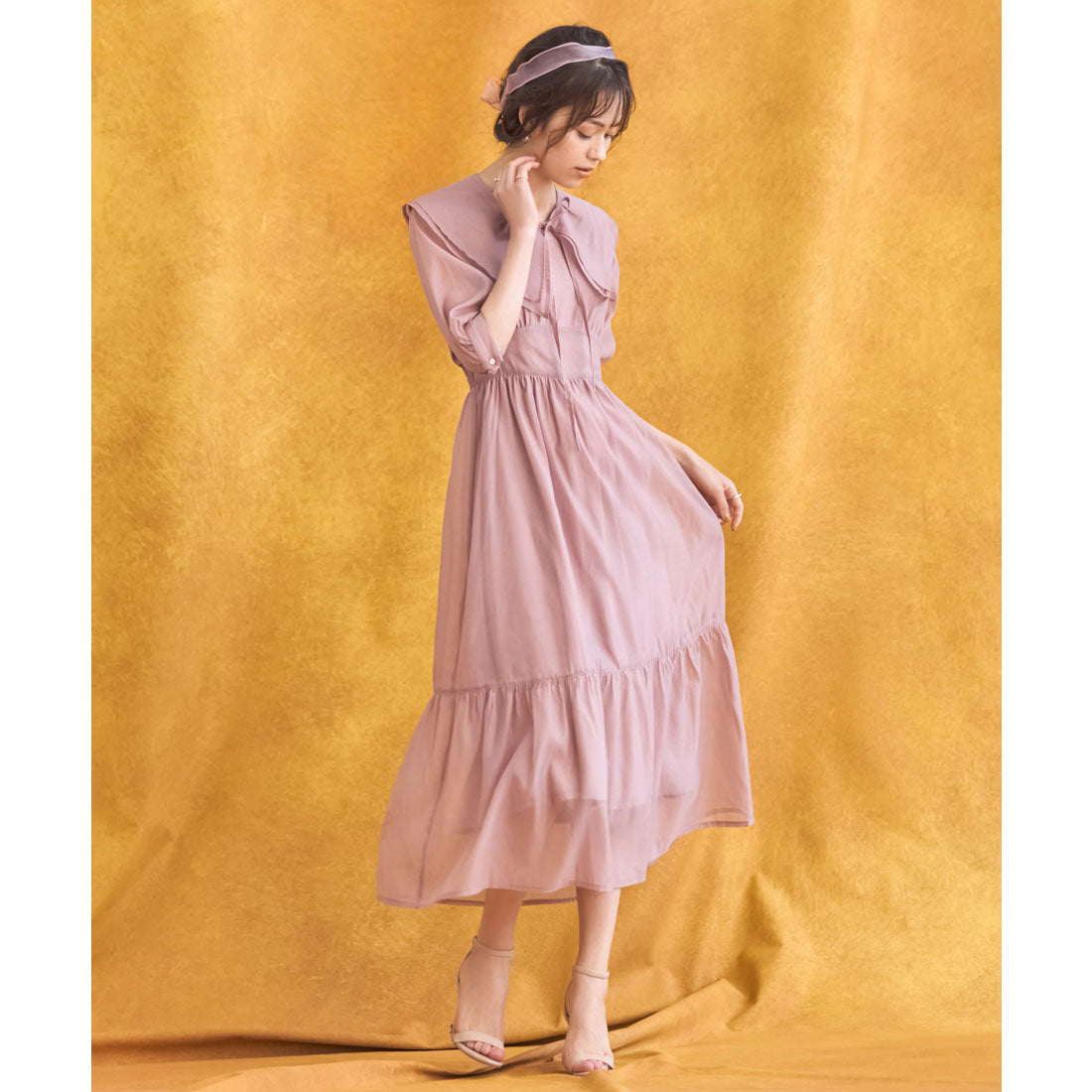 DRESS+ One-piece dress in sheer material with cape, mid-calf length