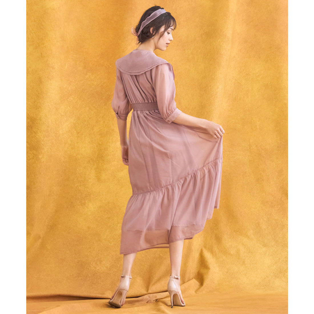 DRESS+ One-piece dress in sheer material with cape, mid-calf length