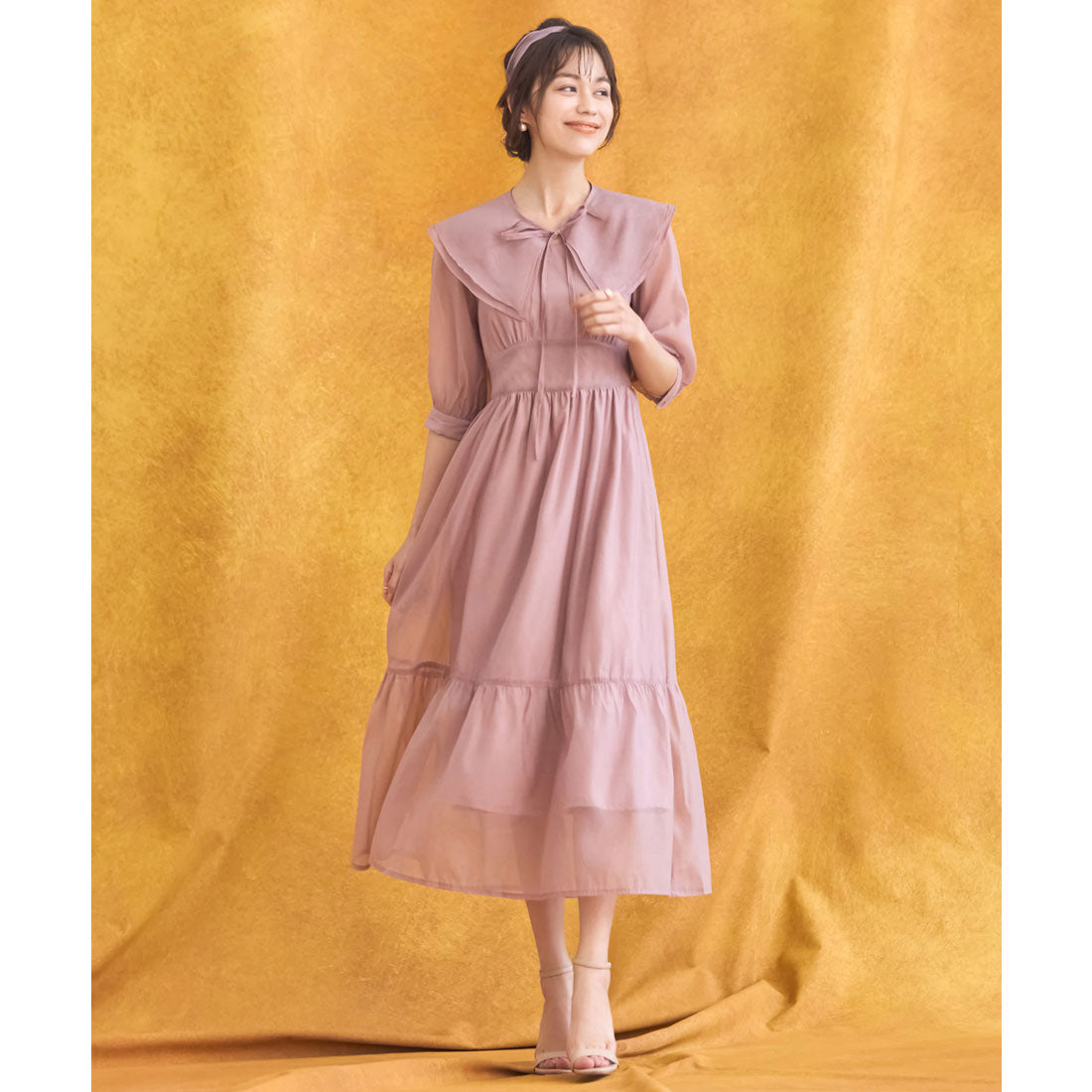 DRESS+ One-piece dress in sheer material with cape, mid-calf length