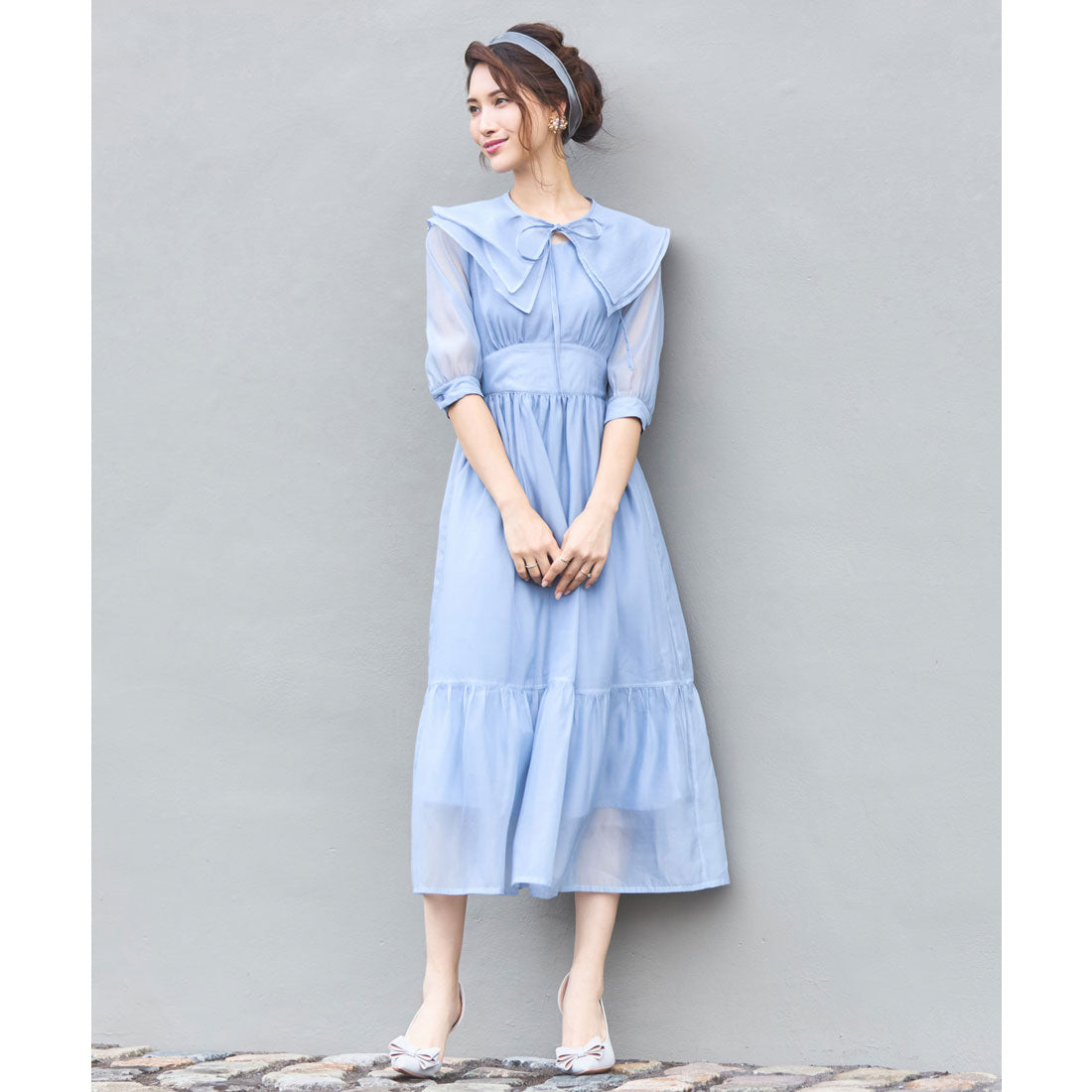 DRESS+ One-piece dress in sheer material with cape, mid-calf length