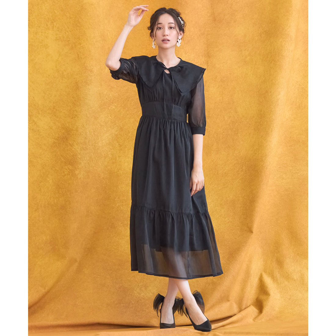 DRESS+ One-piece dress in sheer material with cape, mid-calf length