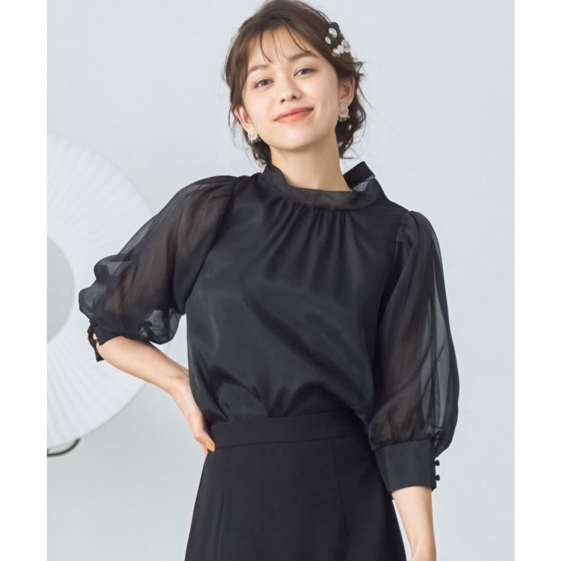 ドレスプラス DRESS+ ブラウス リボンカラー 七分袖 シアー素材 裏地付き （ブラック） ブラック