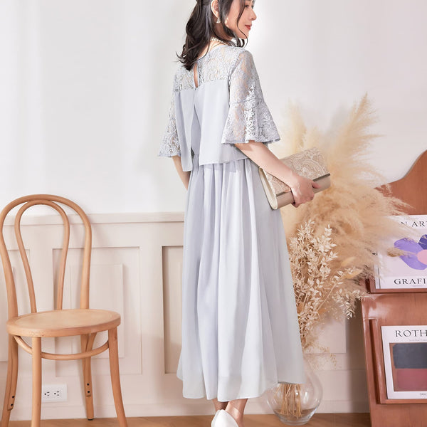 DRESS+ One-piece dress with lace sleeves, mid-calf length, for wedding