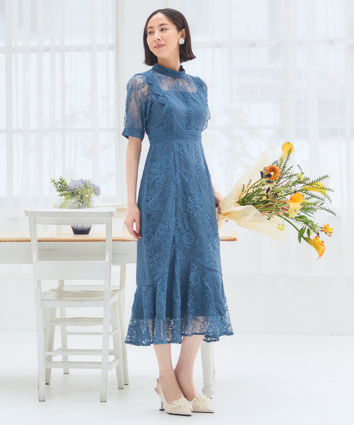 DRESS+ One-piece dress, lace, tight, wedding, 5/8 sleeve