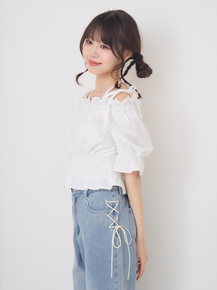 エムズエキサイト ems excite ホルター付アソートリボンブラウス （P/BLU） P/BLU