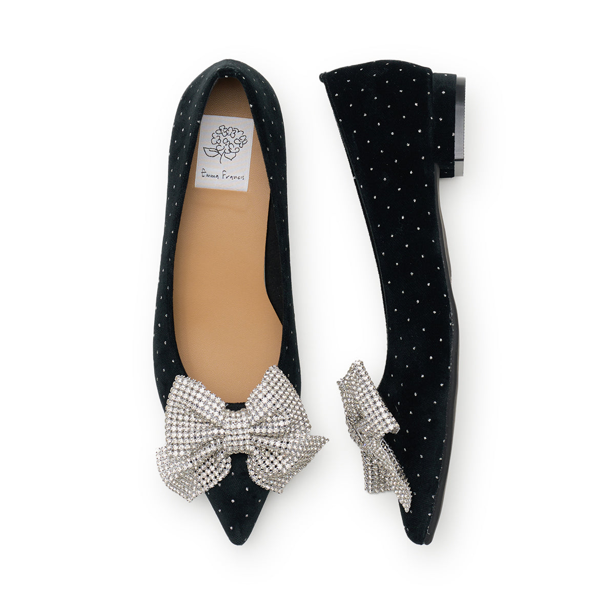 【24AW】エマ フランシス Emma Francis ビッグリボン フラット パンプス,ブラック ベルベット