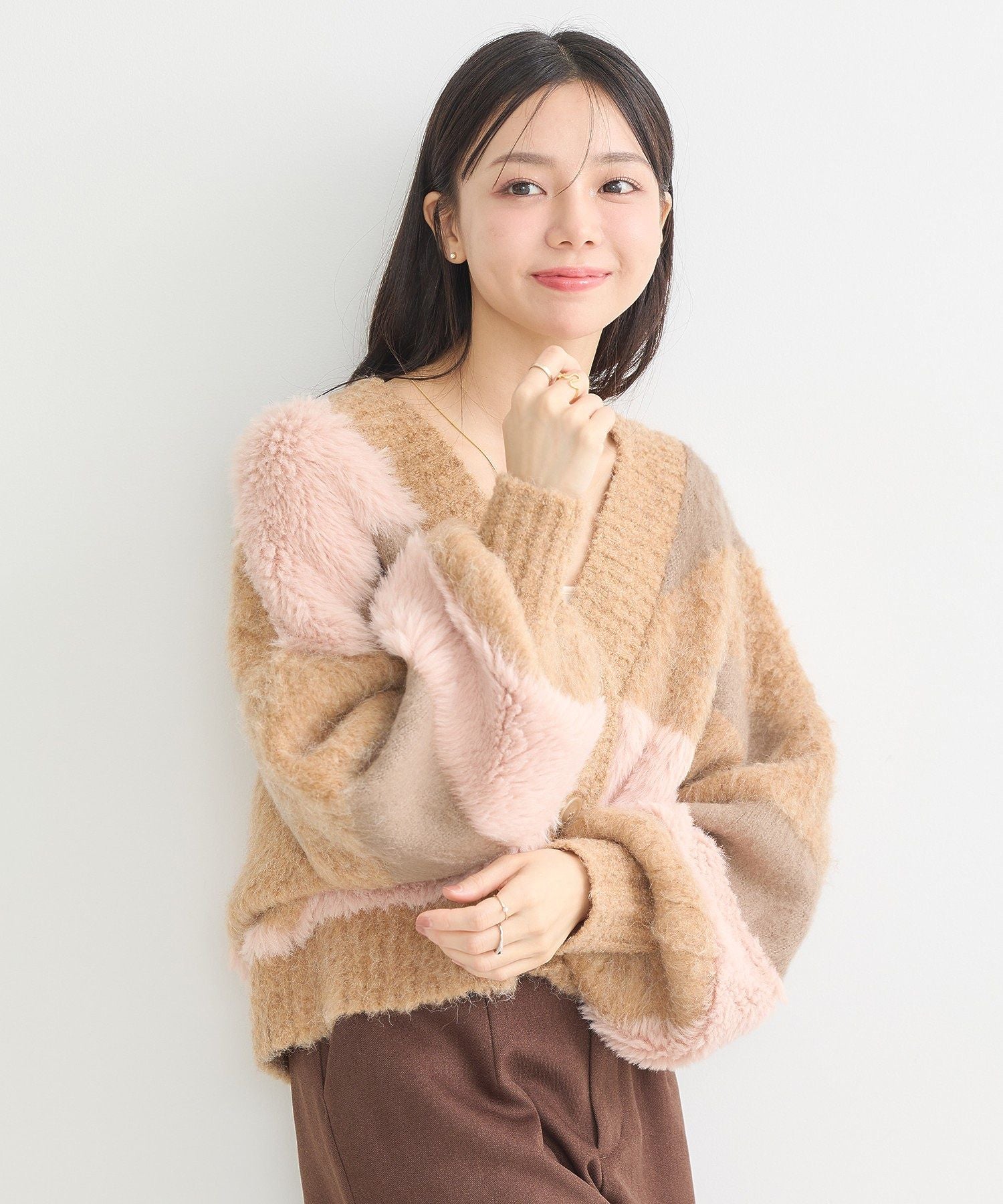 アースミュージックアンドエコロジー earth music&ecology フェザーミックスインターシャカーディガン （ブラウン） ブラウン