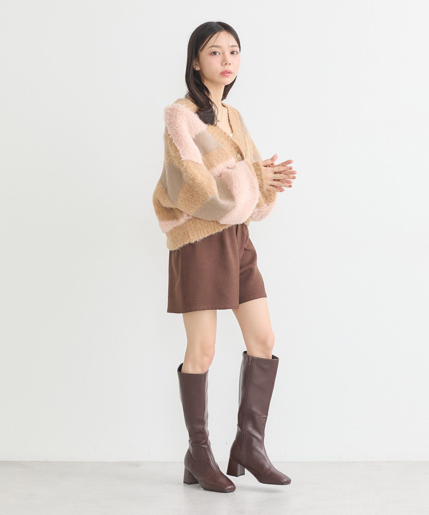 アースミュージックアンドエコロジー earth music&ecology フェザーミックスインターシャカーディガン （ブラウン） ブラウン