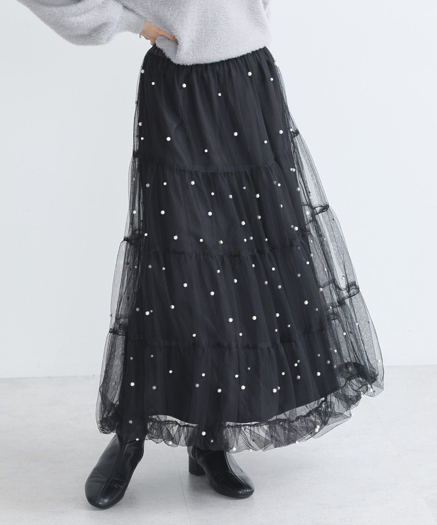 アースミュージックアンドエコロジー earth music&ecology チュールパールスカート （ライトグレー） ライトグレー