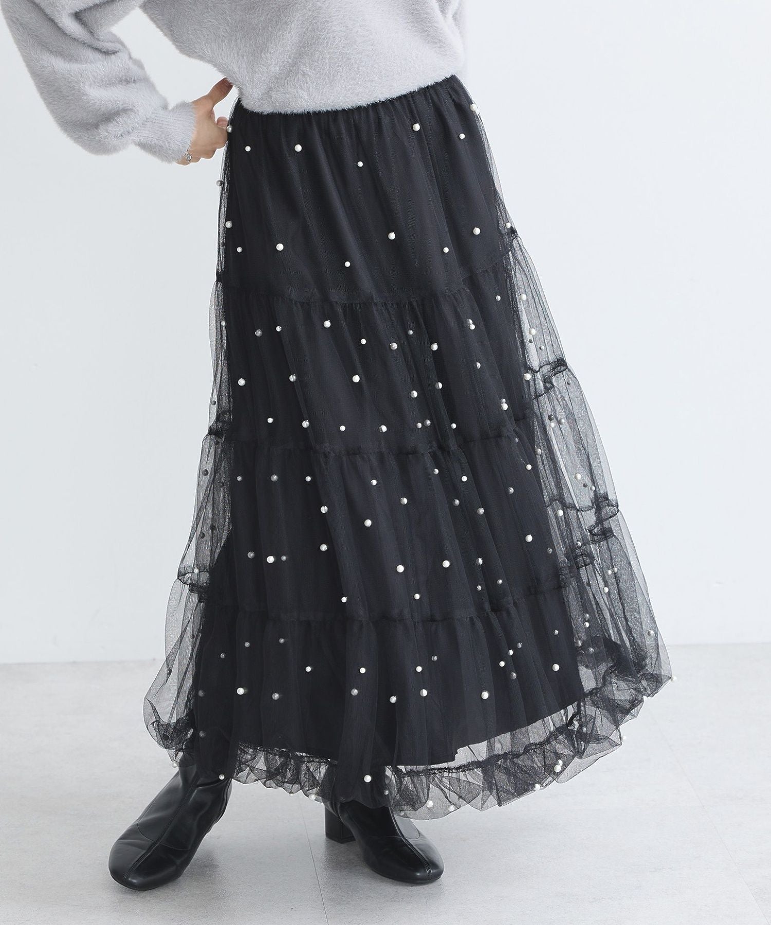 アースミュージックアンドエコロジー earth music&ecology チュールパールスカート （ライトグレー） ライトグレー