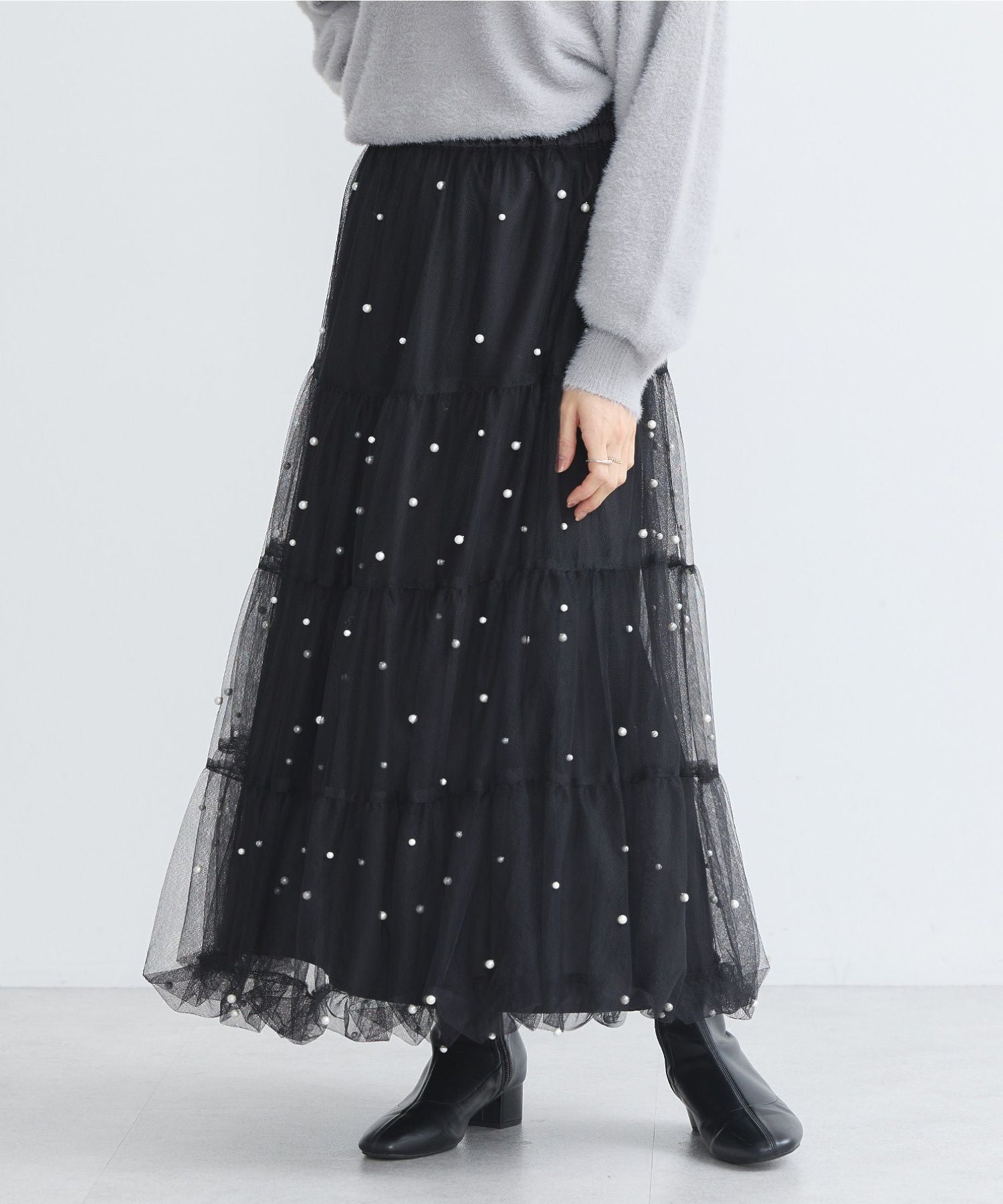 アースミュージックアンドエコロジー earth music&ecology チュールパールスカート （ライトグレー） ライトグレー