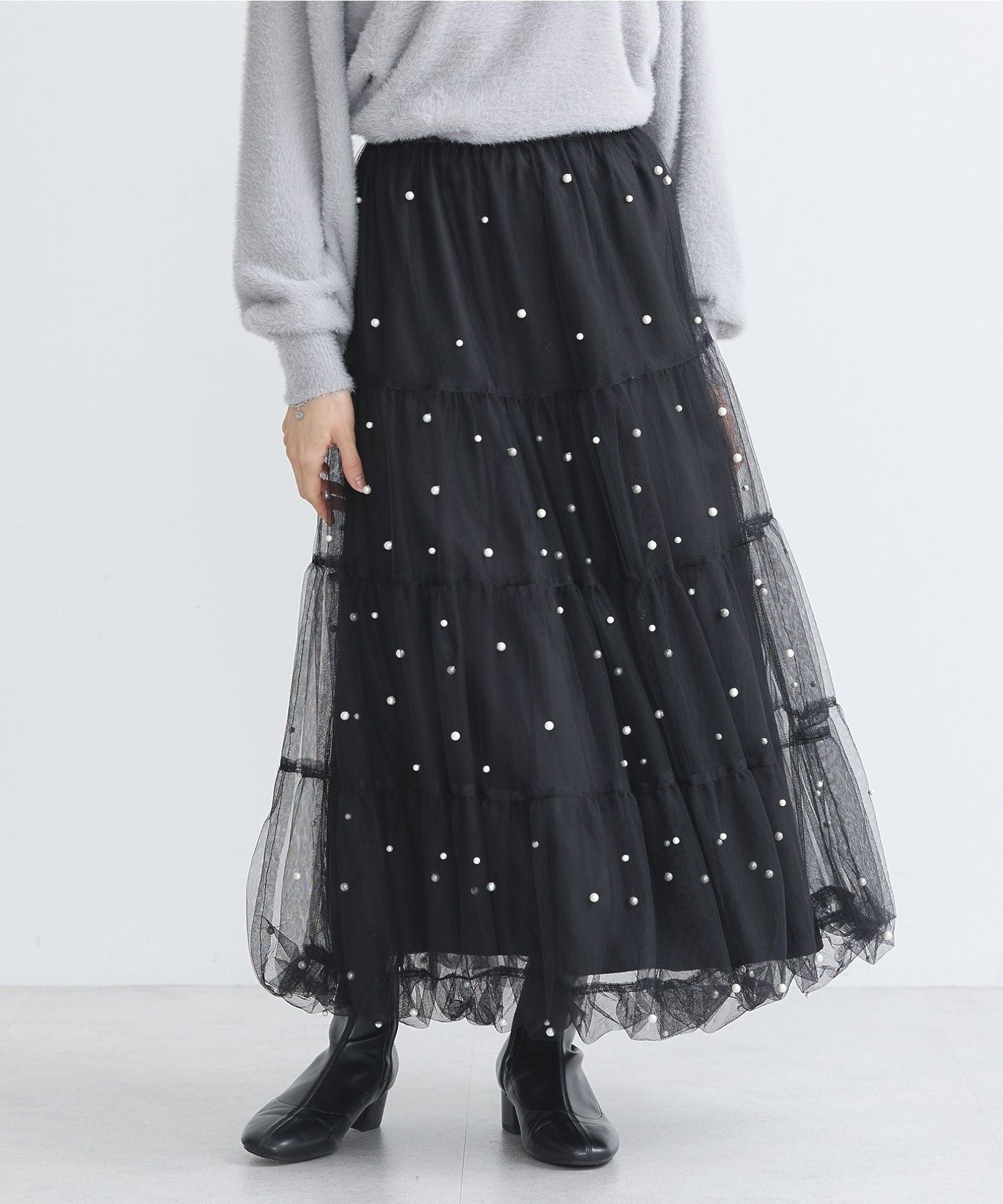 アースミュージックアンドエコロジー earth music&ecology チュールパールスカート （ライトグレー） ライトグレー