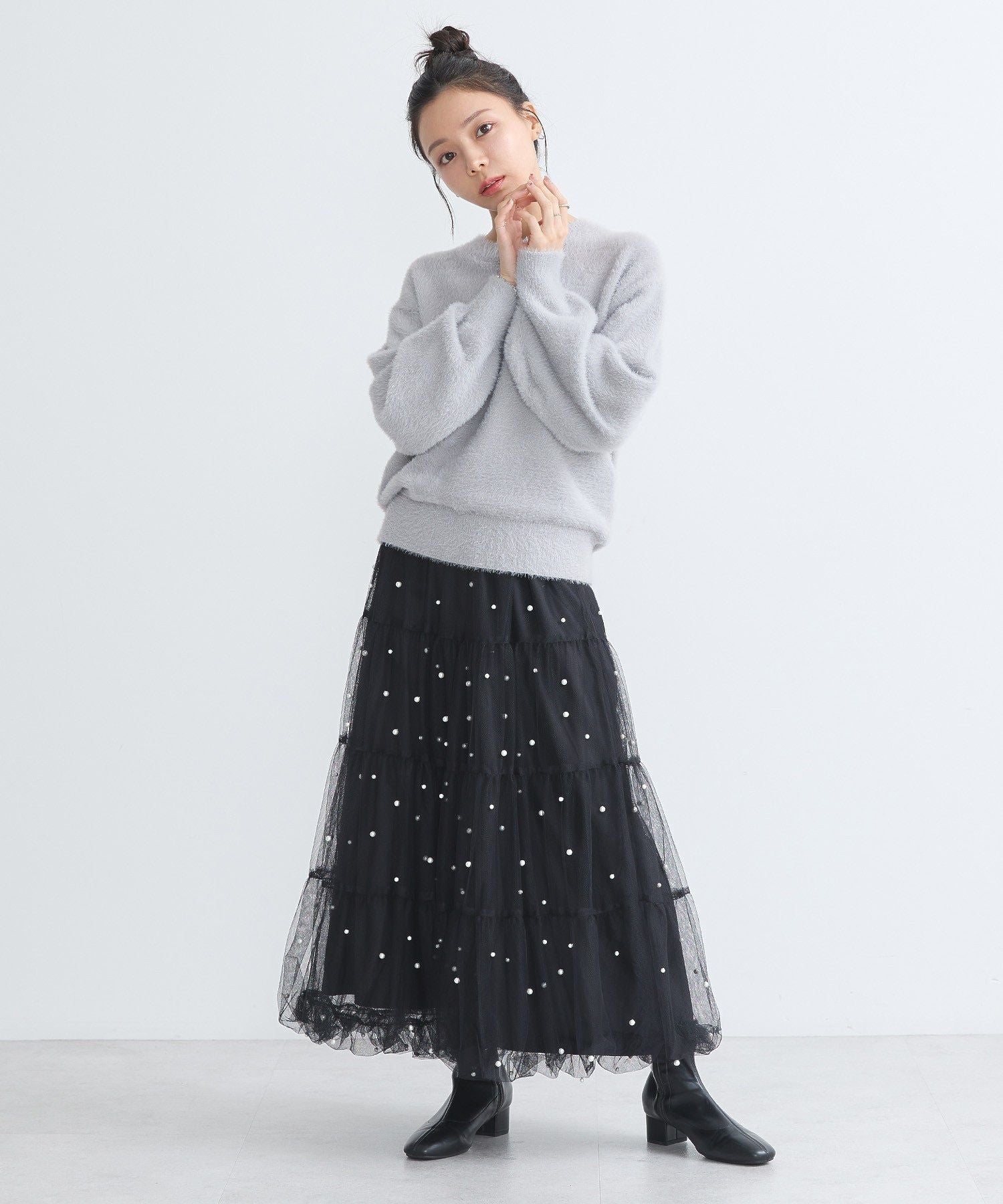 アースミュージックアンドエコロジー earth music&ecology チュールパールスカート （ライトグレー） ライトグレー