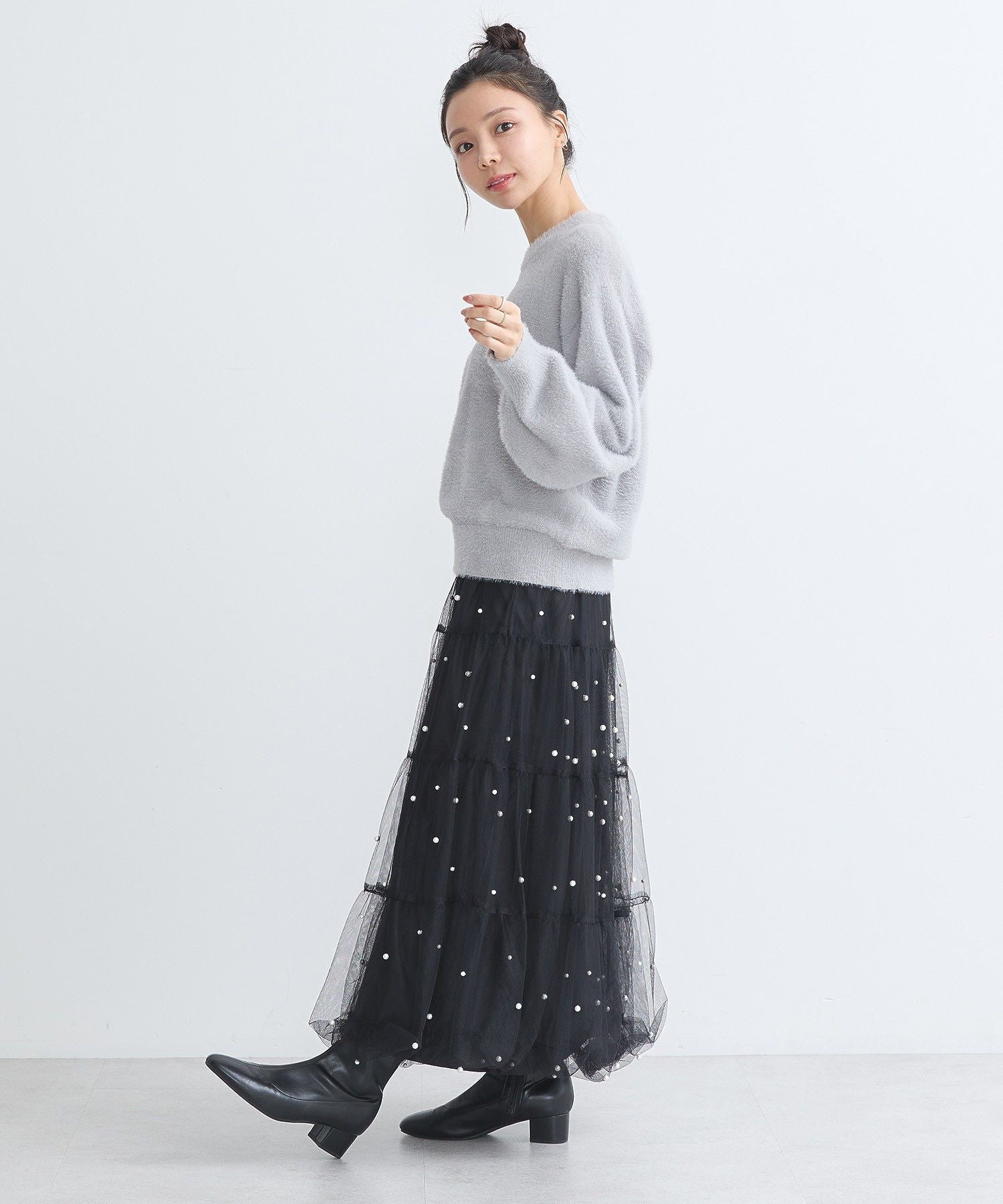 アースミュージックアンドエコロジー earth music&ecology チュールパールスカート （ライトグレー） ライトグレー