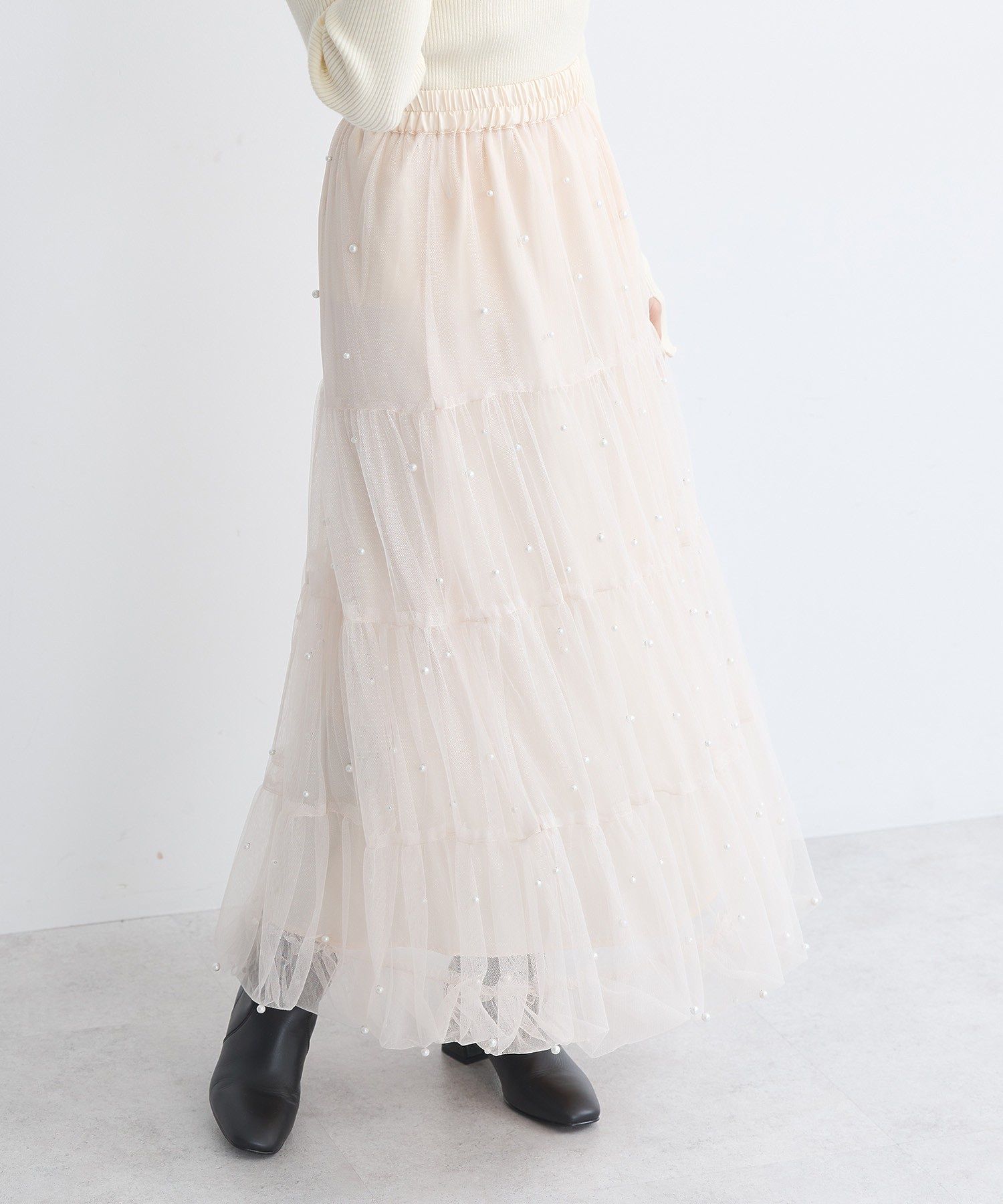 アースミュージックアンドエコロジー earth music&ecology チュールパールスカート （ライトグレー） ライトグレー