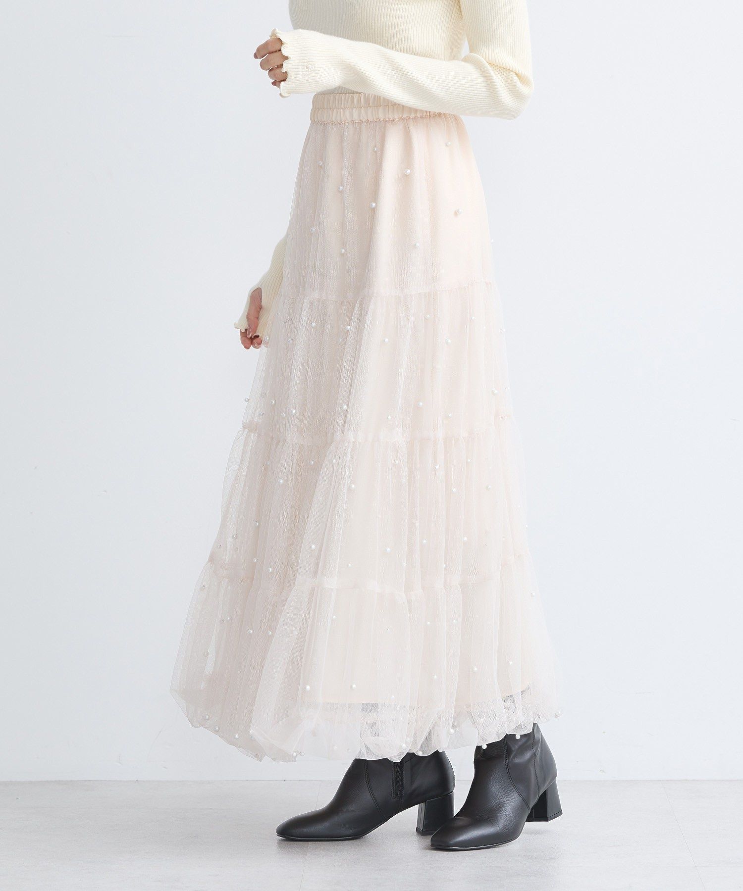 アースミュージックアンドエコロジー earth music&ecology チュールパールスカート （ライトグレー） ライトグレー