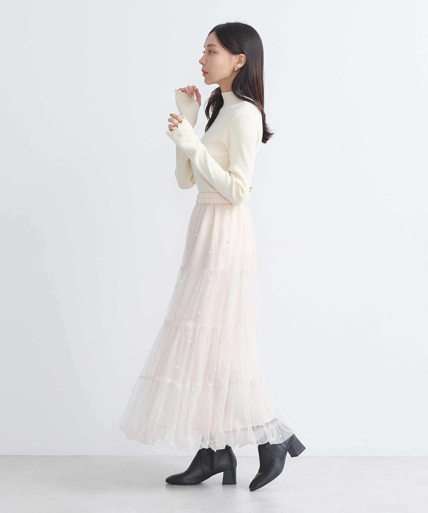 アースミュージックアンドエコロジー earth music&ecology チュールパールスカート （ライトグレー） ライトグレー