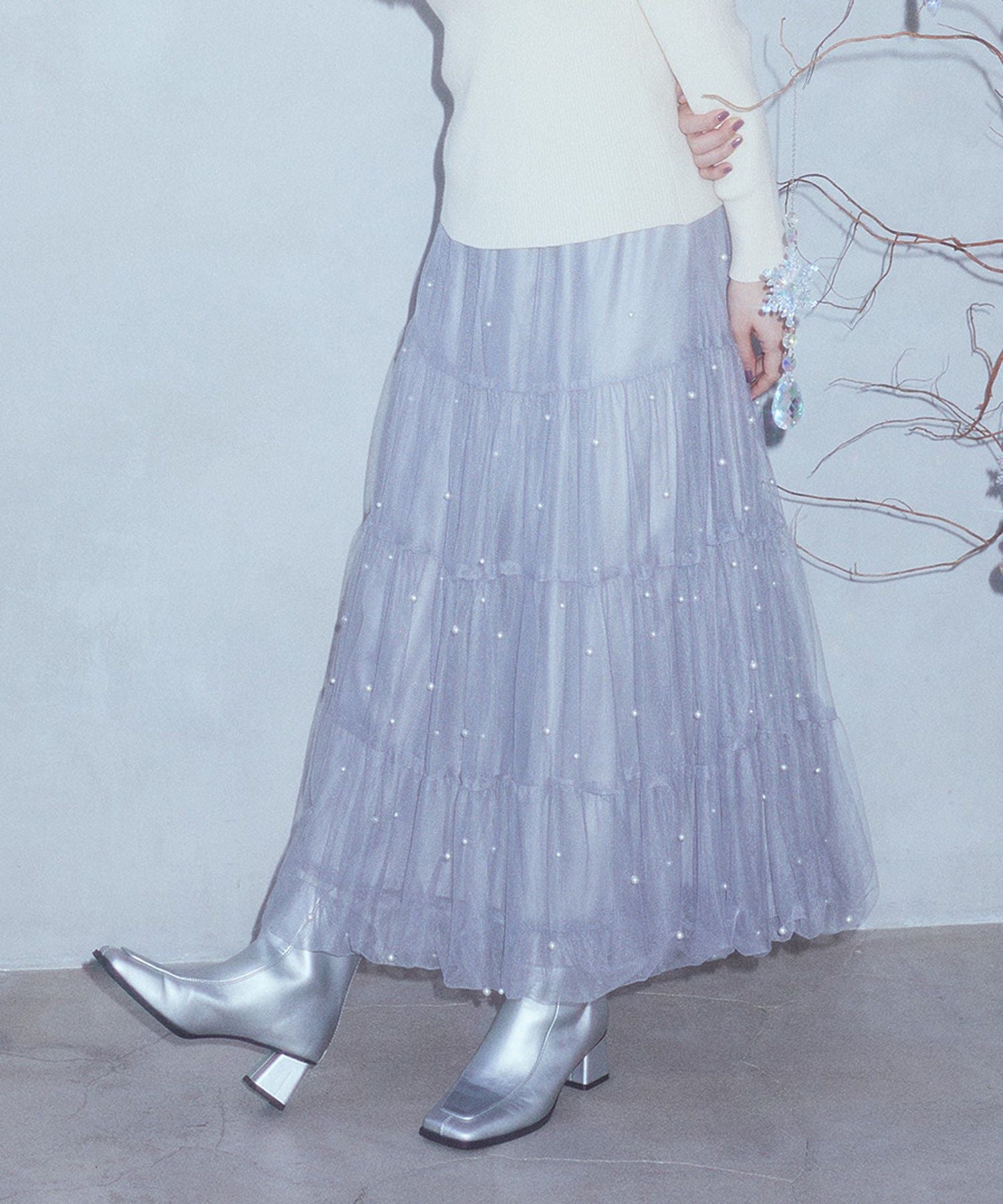 アースミュージックアンドエコロジー earth music&ecology チュールパールスカート （ライトグレー） ライトグレー