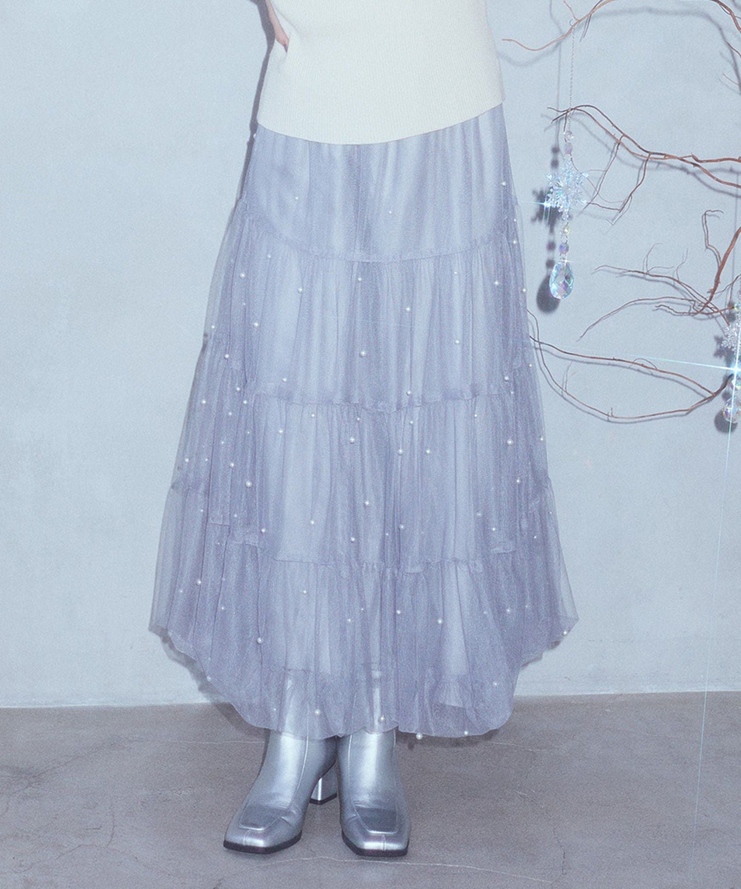 アースミュージックアンドエコロジー earth music&ecology チュールパールスカート （ライトグレー） ライトグレー