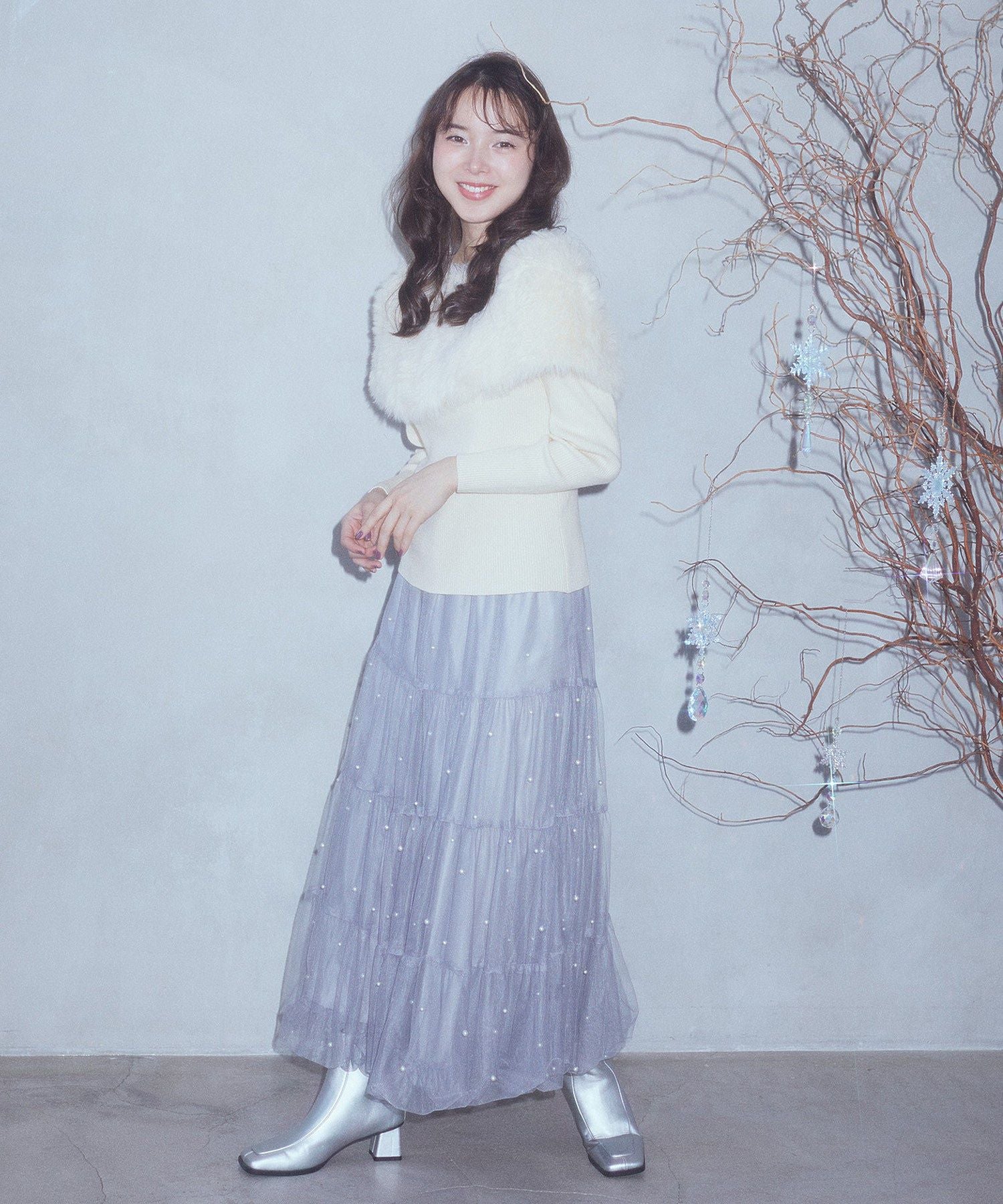 アースミュージックアンドエコロジー earth music&ecology チュールパールスカート （ライトグレー） ライトグレー