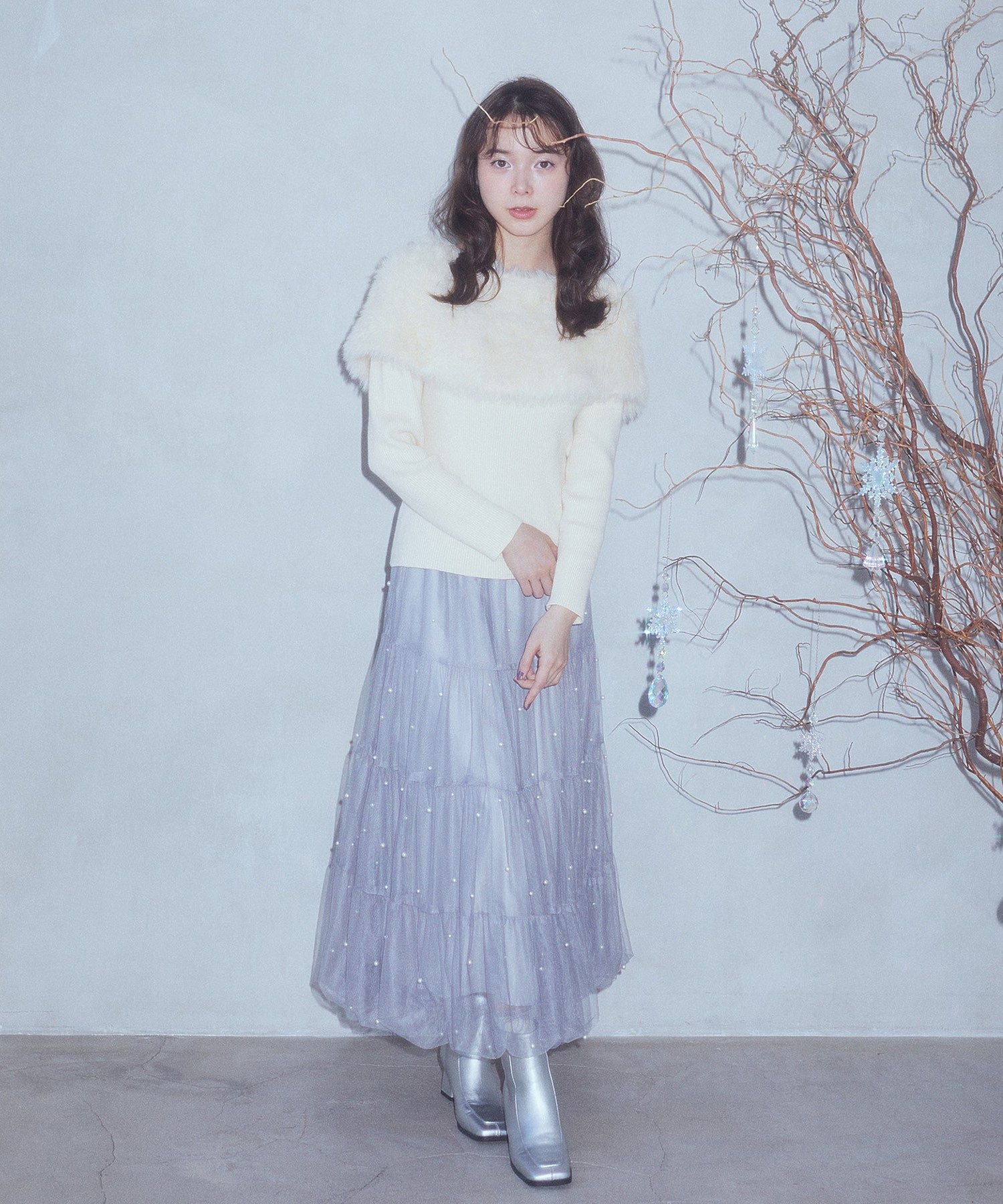 アースミュージックアンドエコロジー earth music&ecology チュールパールスカート （ライトグレー） ライトグレー