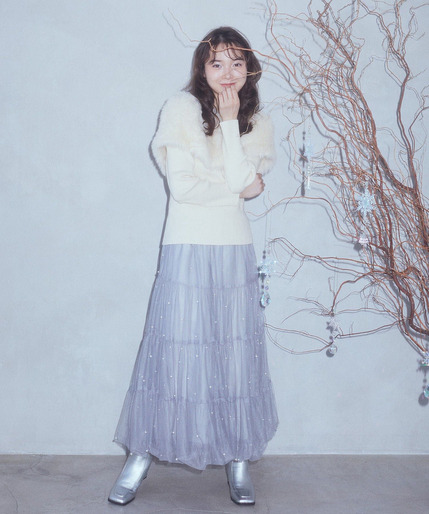 アースミュージックアンドエコロジー earth music&ecology チュールパールスカート （ライトグレー） ライトグレー