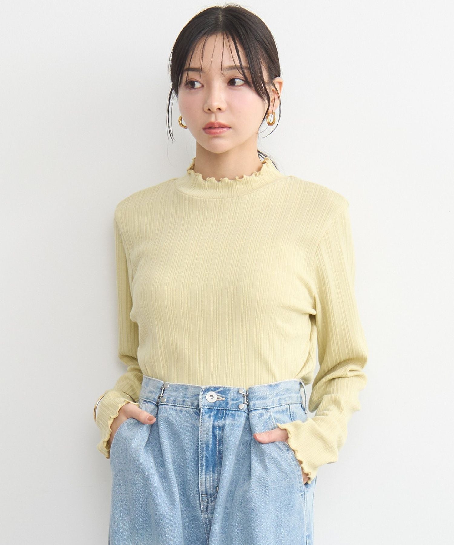 アースミュージックアンドエコロジー earth music&ecology ランダムチェーンリブハイネックプルオーバー （イエロー） イエロー