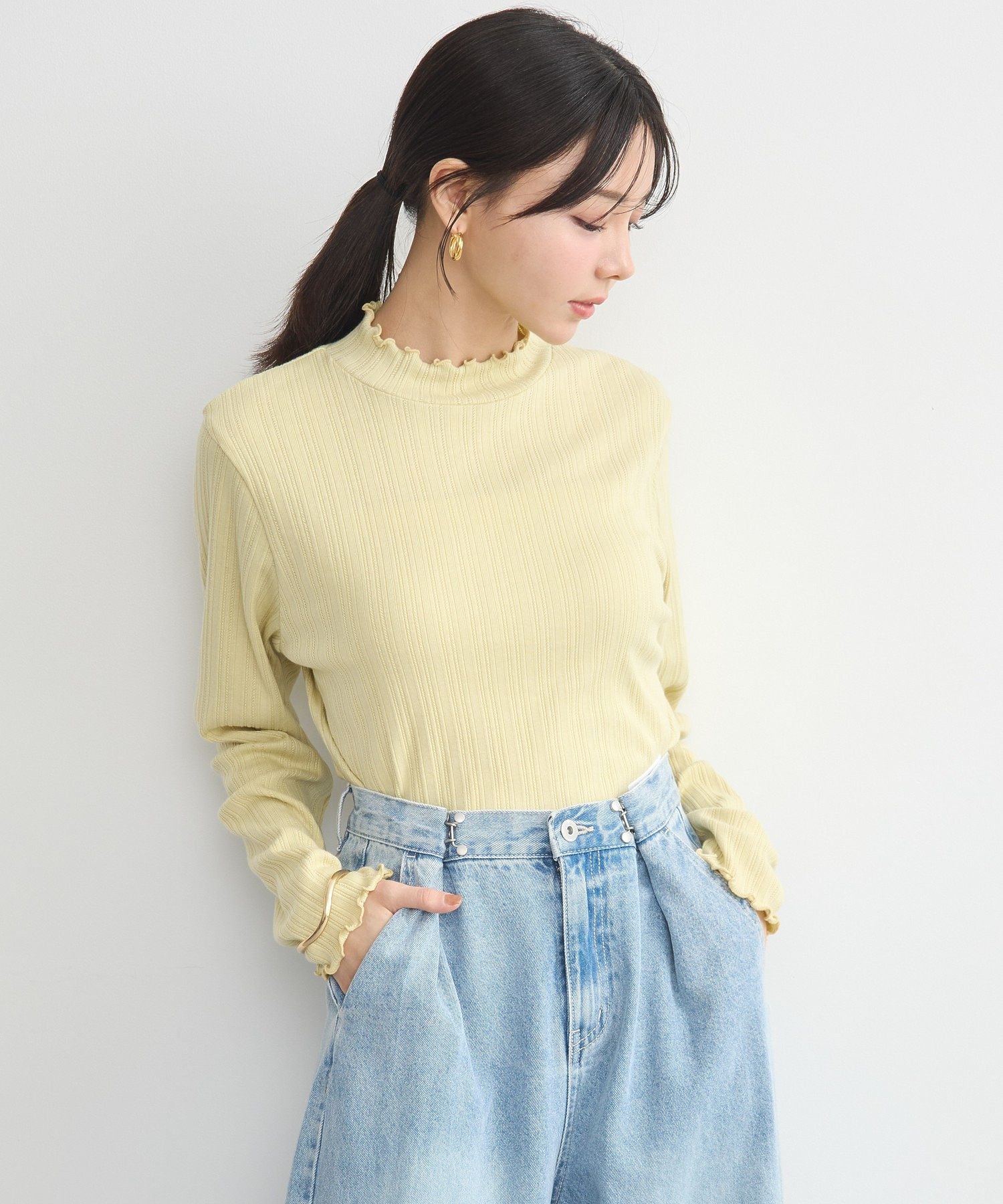 アースミュージックアンドエコロジー earth music&ecology ランダムチェーンリブハイネックプルオーバー （イエロー） イエロー