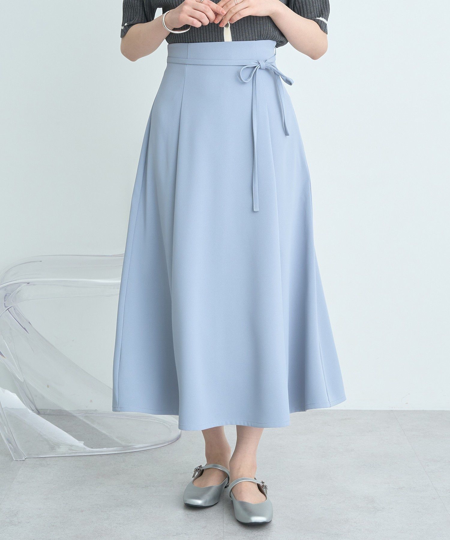 アースミュージックアンドエコロジー earth music&ecology ウエストリボンフレアスカート （サックスブルー） サックスブルー