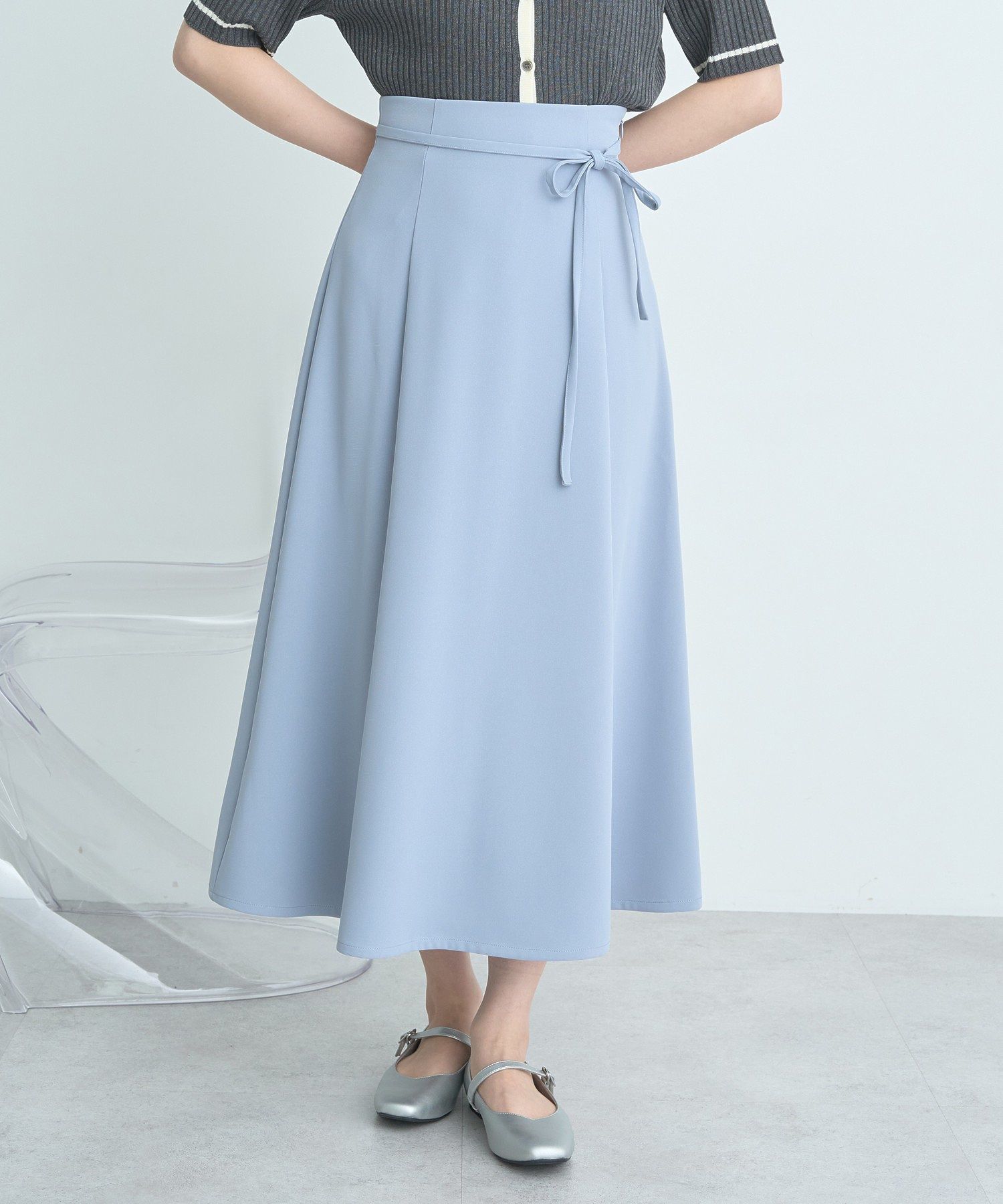 アースミュージックアンドエコロジー earth music&ecology ウエストリボンフレアスカート （サックスブルー） サックスブルー