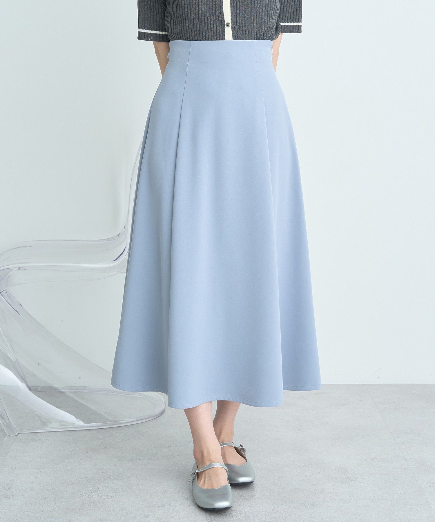 アースミュージックアンドエコロジー earth music&ecology ウエストリボンフレアスカート （サックスブルー） サックスブルー