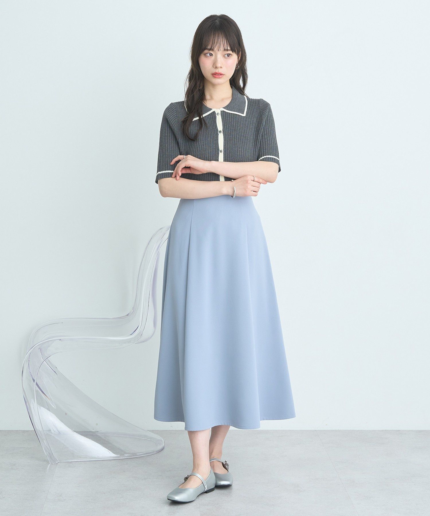 アースミュージックアンドエコロジー earth music&ecology ウエストリボンフレアスカート （サックスブルー） サックスブルー