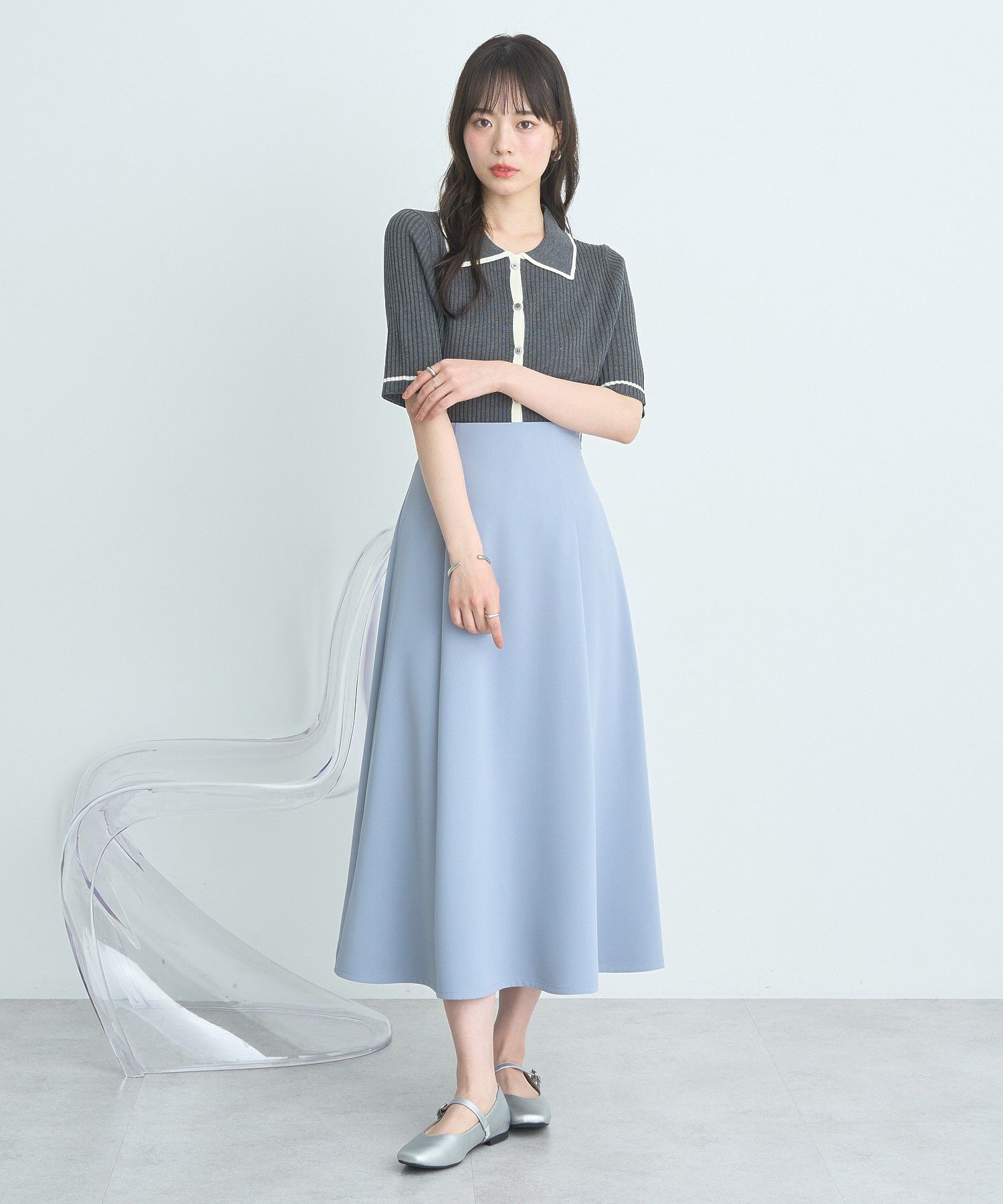 アースミュージックアンドエコロジー earth music&ecology ウエストリボンフレアスカート （サックスブルー） サックスブルー