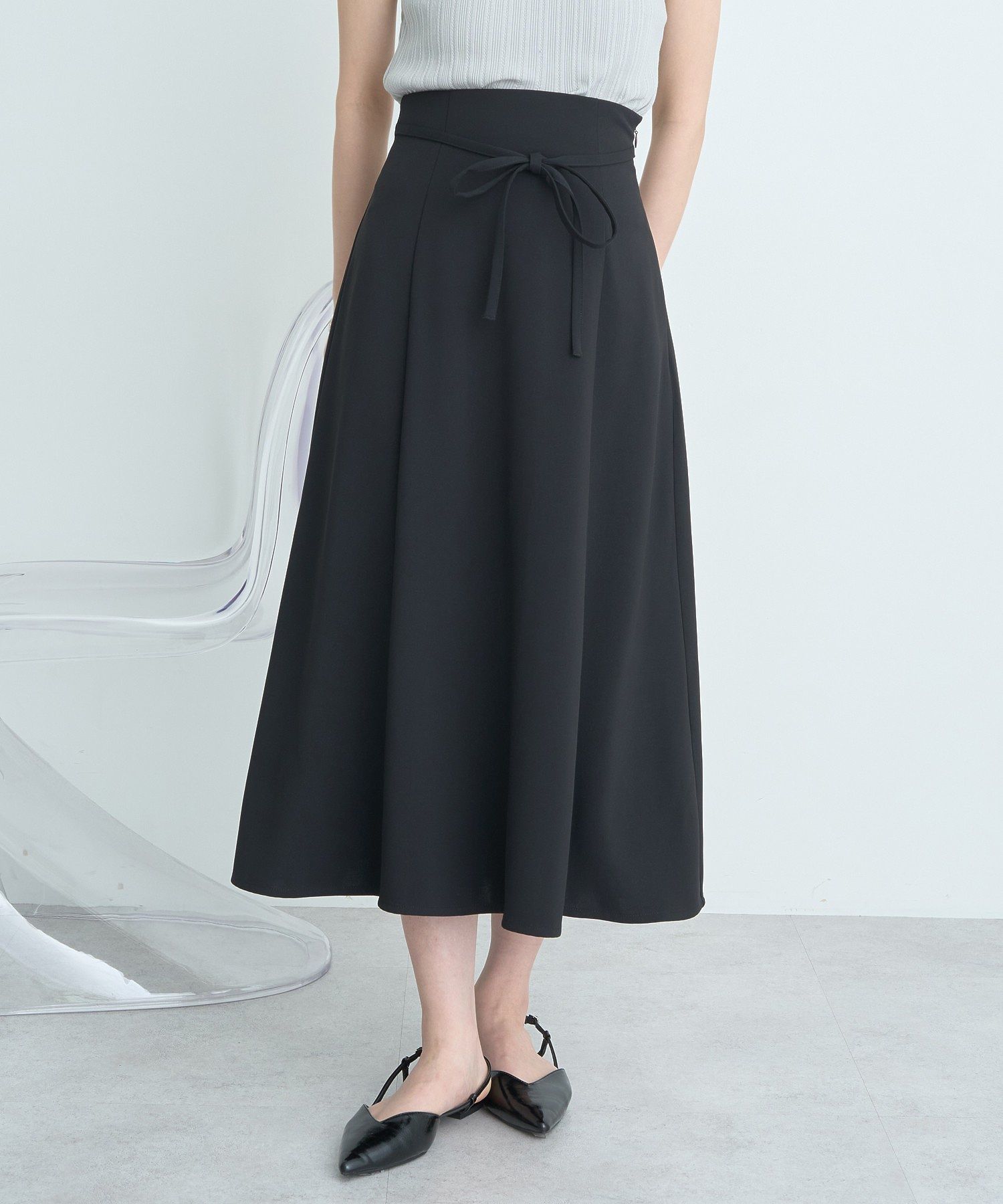 アースミュージックアンドエコロジー earth music&ecology ウエストリボンフレアスカート （サックスブルー） サックスブルー