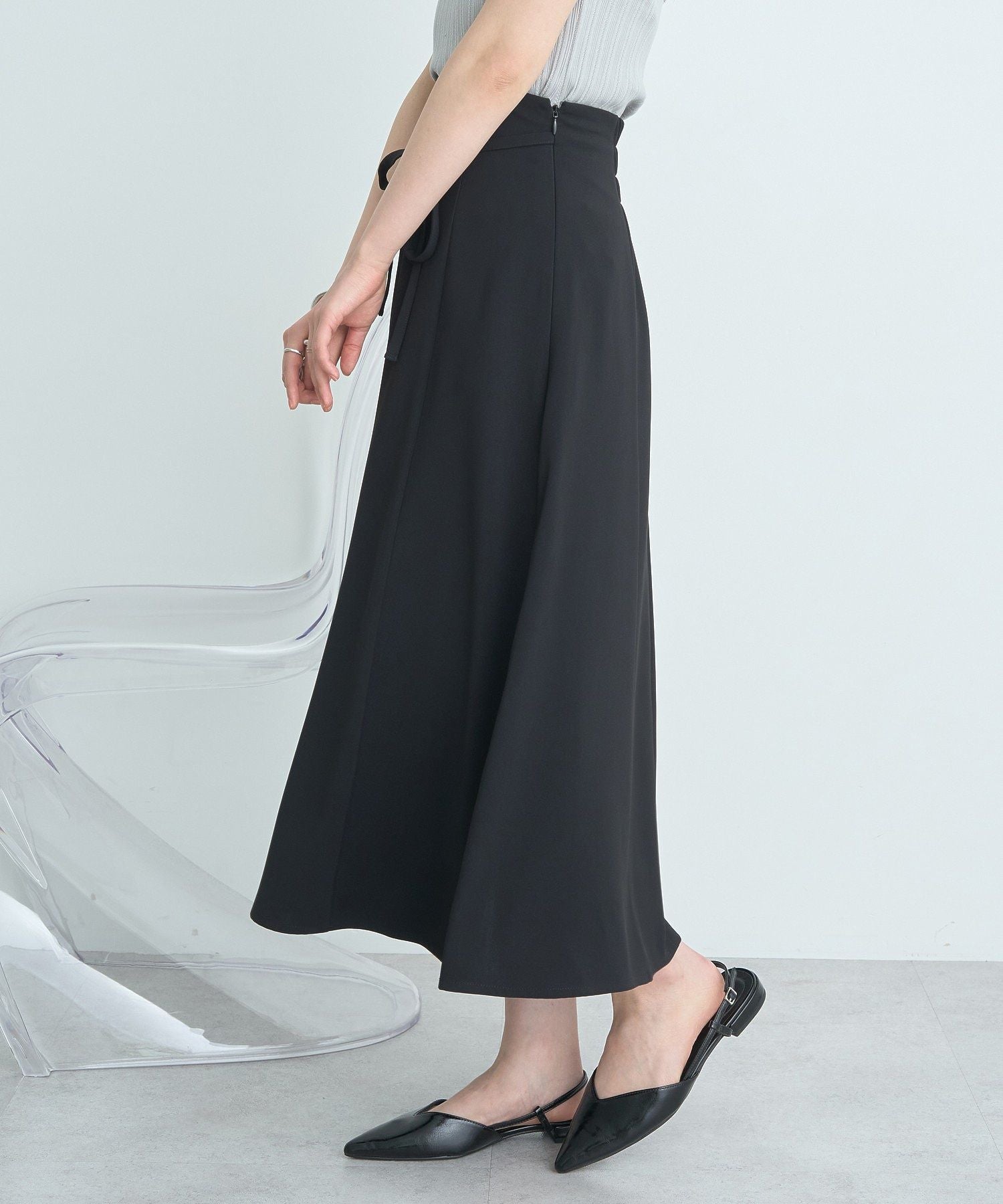 アースミュージックアンドエコロジー earth music&ecology ウエストリボンフレアスカート （サックスブルー） サックスブルー